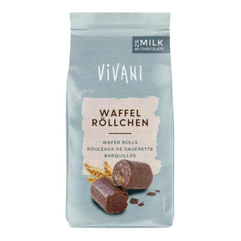 Chrumkavé oblátky v mliečnej čokoláde bio 125g Vivani
