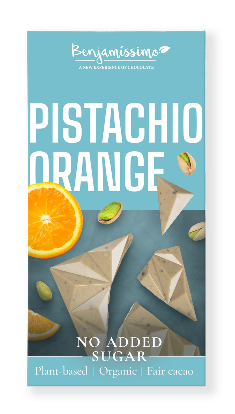 Čokoláda VEGAN pistácie a pomaranč bez pridaného cukru bio 60g Benjamissimo NEW