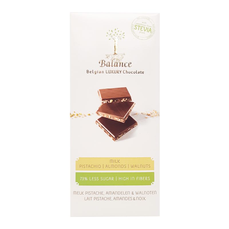 Mliečna čokoláda so stéviou - pistácie, mandle, vlašský orech 85g Balance