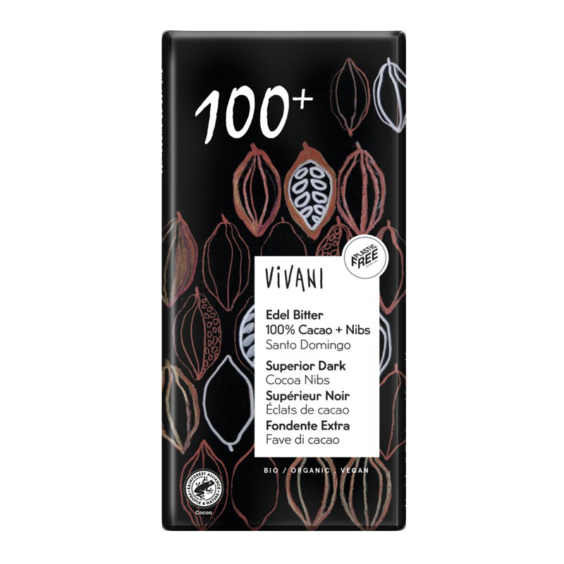 100% čokoláda s kúskami kakaových bôbov Santo Domingo bio 80g Vivani